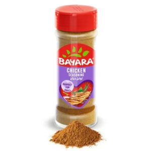 A 100ml shaker of Bayara Chicken Seasoning with a red lid and a purple label showing a grilled chicken breast.