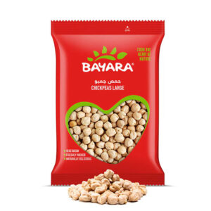 A 1kg red bag of Bayara Chickpeas Large showing high-quality dried garbanzo beans through a heart-shaped window.