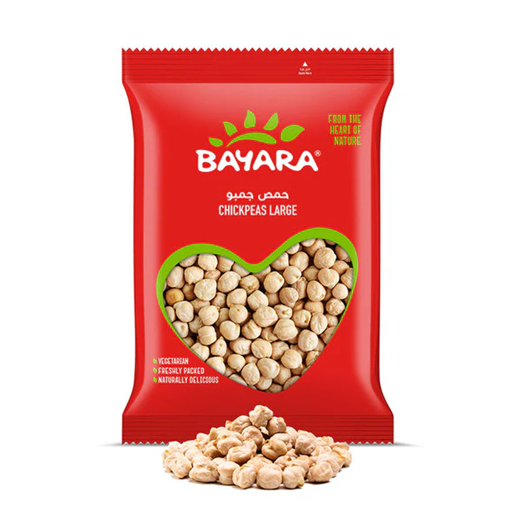 Chickpeas Large 1kg A 1kg red bag of Bayara Chickpeas Large showing high-quality dried garbanzo beans through a heart-shaped window.