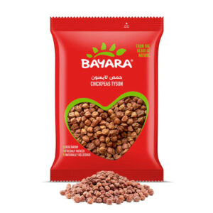 A 1kg red bag of Bayara Chickpeas Tyson featuring a heart-shaped window showing premium dried chickpeas.