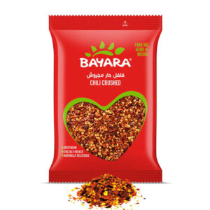 A 200g red bag of Bayara Chili Crushed featuring a heart-shaped window showing spicy red pepper flakes.