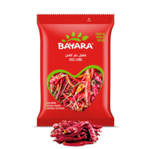 A 100g red bag of Bayara Chili Long showing whole dried red chilies through a heart-shaped window.