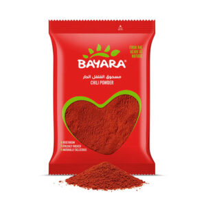 A 200g red pack of Bayara Chili Powder showing fine ground red spice through a heart-shaped window.