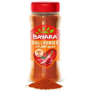 A 330ml shaker bottle of Bayara Chili Powder showing fine red ground pepper and a "Hot & Spicy" label.