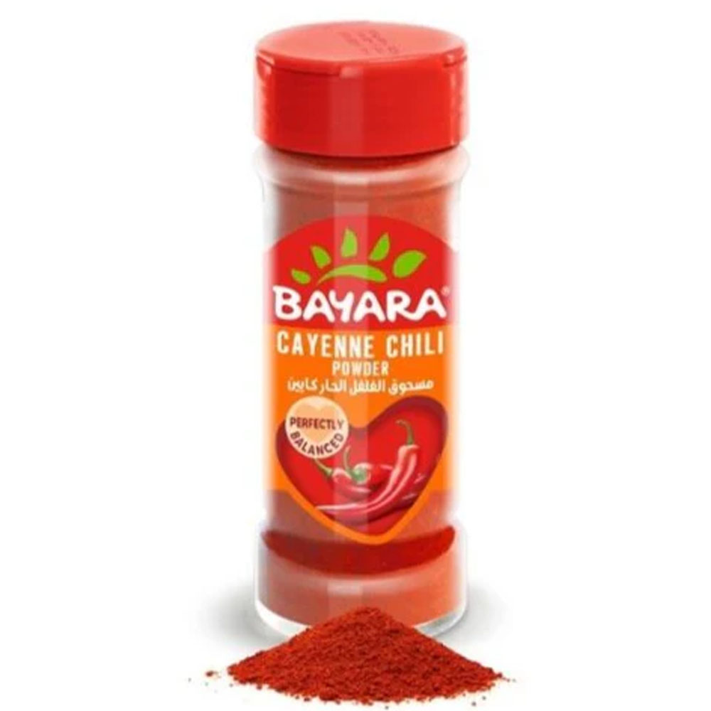 Chili Powder Cayenne 100ml (35g) A 35g shaker bottle of Bayara Cayenne Chili Powder showing fine red ground pepper and an orange label with a "Perfectly Balanced" stamp.