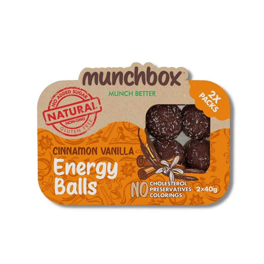 Cinnamon & Vanilla Energy Balls An orange and tan package of Munchbox Cinnamon & Vanilla Energy Balls showing four round balls through a clear window.