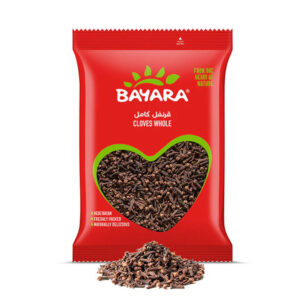 A red 100g pack of Bayara Cloves Whole with a heart-shaped window showing dark, high-quality whole cloves.