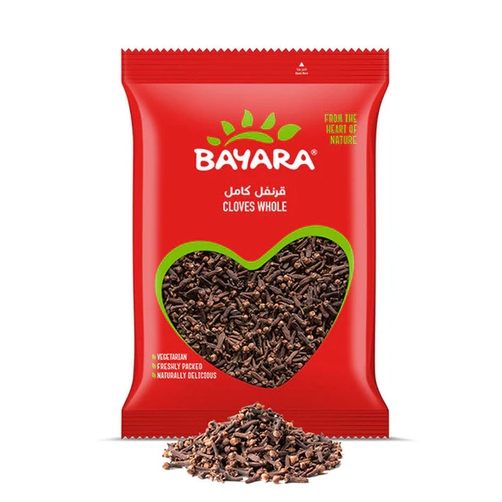 Cloves Whole 100g A red 100g pack of Bayara Cloves Whole with a heart-shaped window showing dark, high-quality whole cloves.