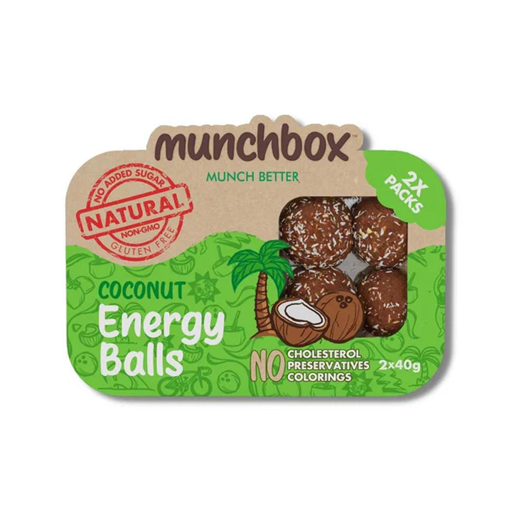 Coconut Energy Balls A green and tan package of Munchbox Coconut Energy Balls showing four coconut-covered round balls through a window.