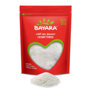 A 1kg red resealable pouch of Bayara Coconut Powder showing fine white coconut through a heart-shaped window.