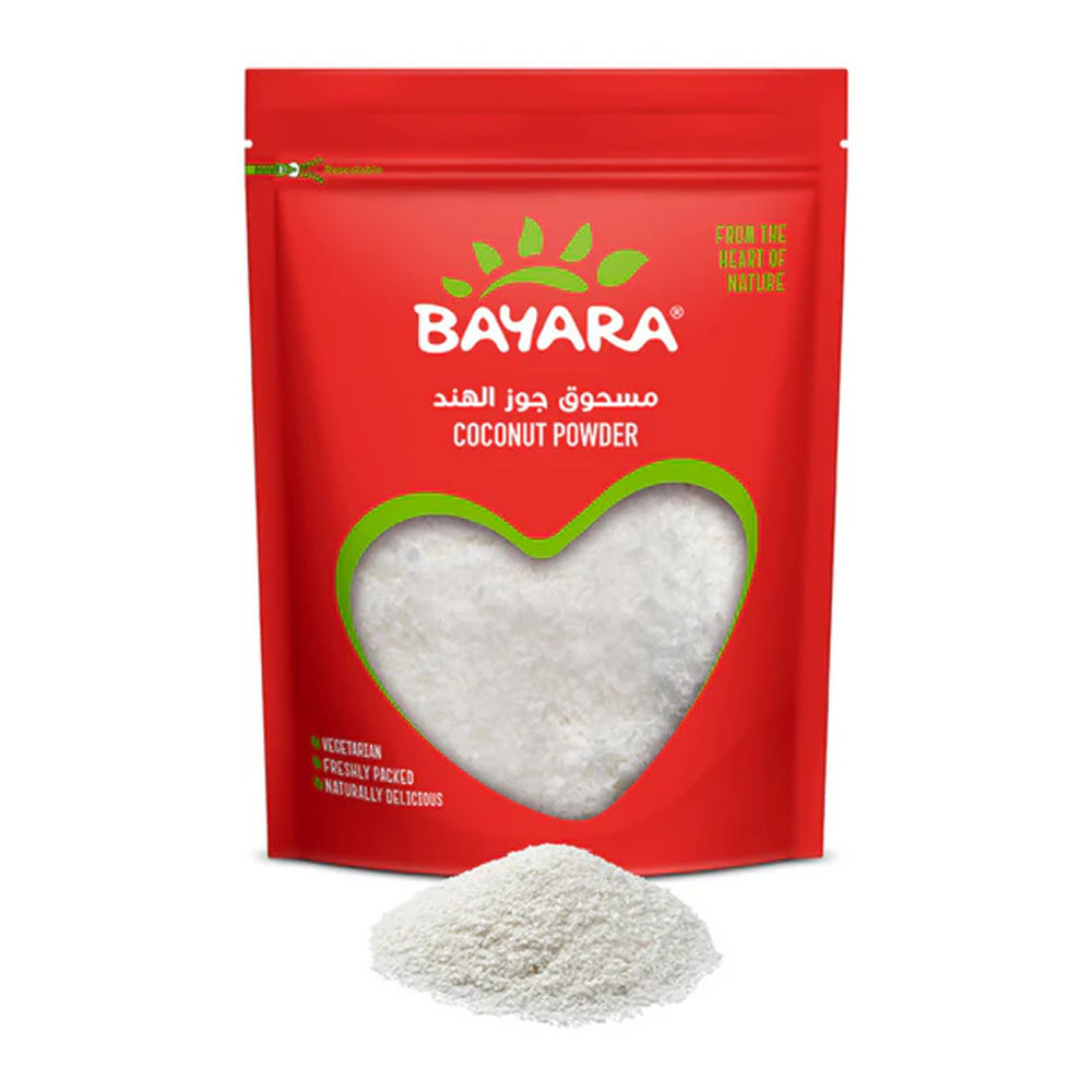 Coconut Powder 400g A 400g red resealable bag of Bayara Coconut Powder showing fine white powder through a heart-shaped window.