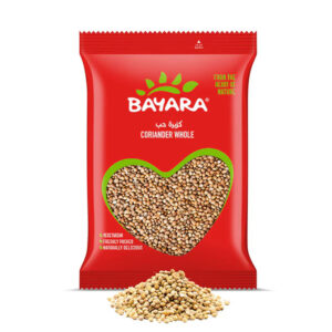 A 200g red bag of Bayara Coriander Whole with a heart-shaped window showing high-quality whole coriander seeds.