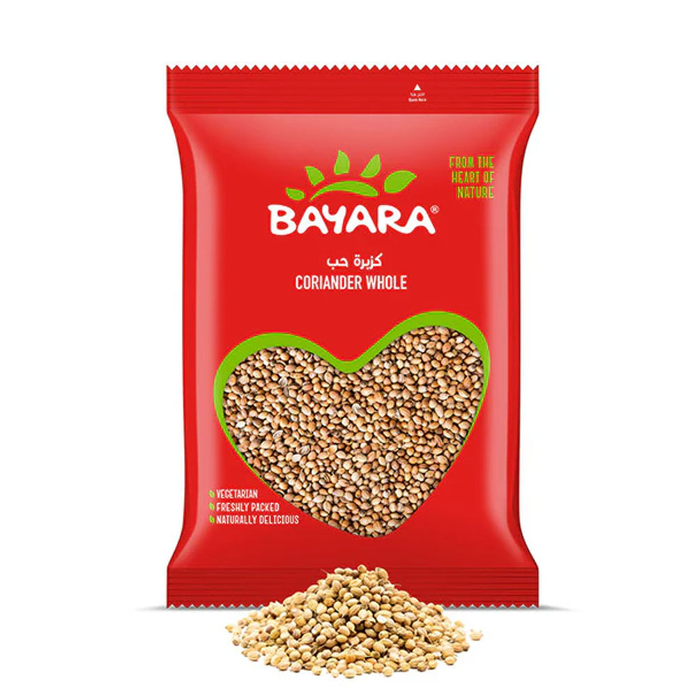 Coriander Whole 200g A 200g red bag of Bayara Coriander Whole with a heart-shaped window showing high-quality whole coriander seeds.