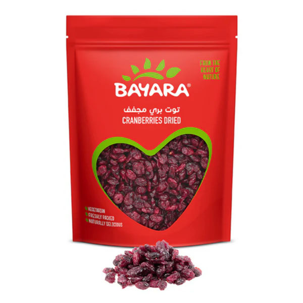 Cranberries Dried 200g A red 200g pouch of Bayara Cranberries Dried with a heart-shaped window showing dark red dried berries.