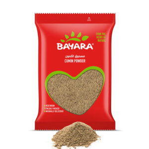 A 200g red bag of Bayara Cumin Powder showing the fine ground spice through a heart-shaped window.