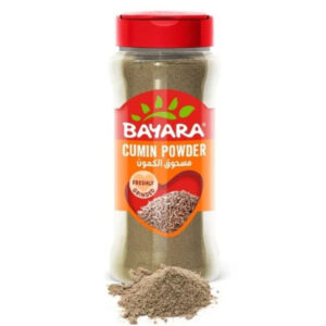 A clear 330ml shaker bottle of Bayara Cumin Powder with a red lid and an orange label showing whole cumin seeds.