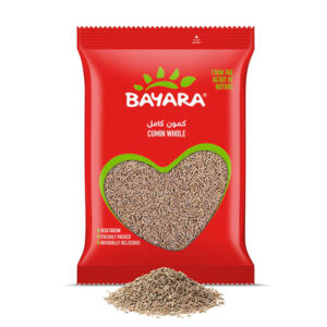 A red 200g pack of Bayara Cumin Whole with a heart-shaped window showing high-quality, earthy-brown whole cumin seeds.