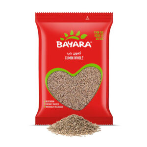 A 500g red bag of Bayara Cumin Whole showing high-quality seeds through a heart-shaped window.