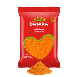 A 200g red pouch of Bayara Curry Powder showing rich golden spice through a heart-shaped window.
