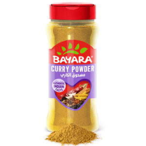 A 330ml shaker jar of Bayara Curry Powder showing the golden ground spice and a heart-shaped window featuring whole spices.