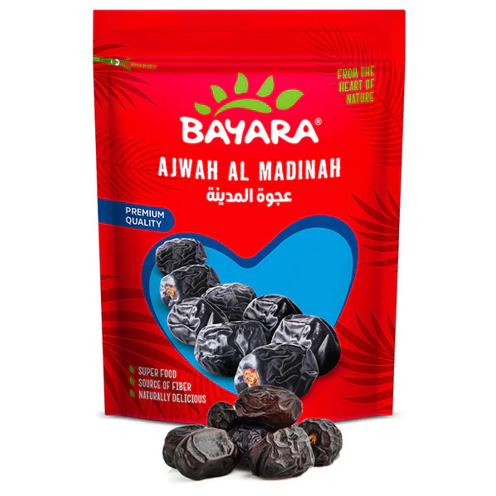 Dates Ajwah 150g A 150g red resealable bag of Bayara Ajwah Al Madinah Dates showing dark, soft dates through a heart-shaped window.