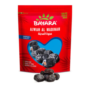 A red 400g resealable bag of Bayara Dates Ajwah with a heart-shaped window showing dark, premium dates.
