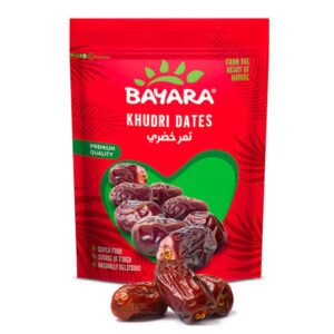 A 150g red resealable pack of Bayara Khudri Dates showing soft brown dates through a heart-shaped window.