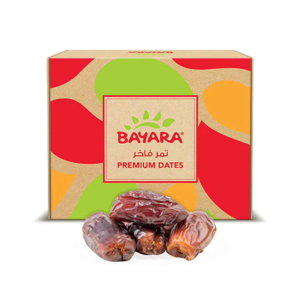 Dates Khudri Pitted 250g A 250g colorful gift box of Bayara Premium Khudri Pitted Dates showing large brown dates in front.