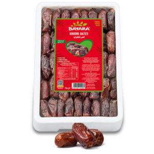 A 1kg white tray of Bayara Khudri Dates showing rows of dark, whole dates behind a red and green label.