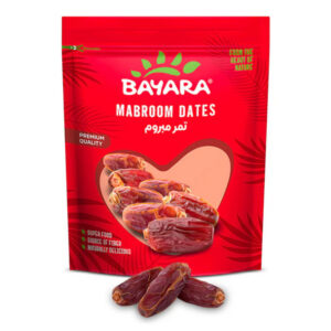 A 400g red resealable bag of Bayara Mabroom Dates showing long, bronze dates through a heart-shaped window.