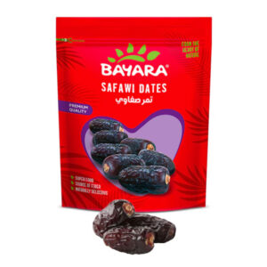 A 400g red resealable bag of Bayara Safawi Dates showing dark, glossy dates through a heart-shaped window.