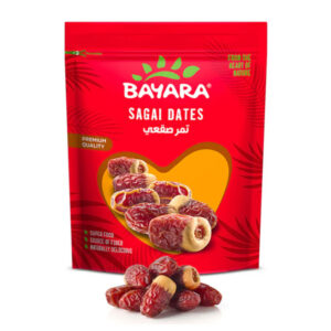 A 400g red pouch of Bayara Sagai Dates with a heart-shaped window showing premium two-toned dates.