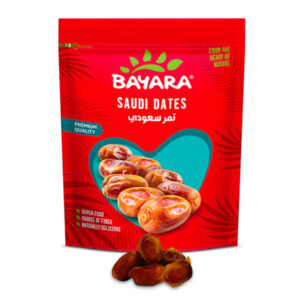 A 400g red resealable bag of Bayara Saudi Dates showing fresh whole dates through a heart-shaped window.