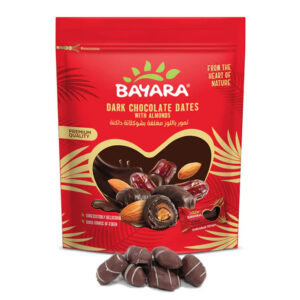 A red 250g resealable bag of Bayara Dark Chocolate Dates with Almonds showing individual pieces and dark chocolate swirls.