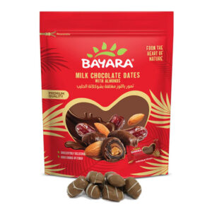 A red 250g resealable bag of Bayara Milk Chocolate Dates with Almonds showing a heart-shaped window and individually wrapped pieces.