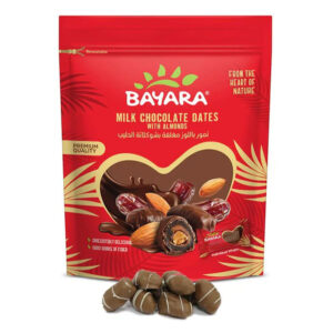 A 90g red resealable bag of Bayara Milk Chocolate Dates with Almonds showing chocolate-covered dates and almonds through a heart-shaped window.