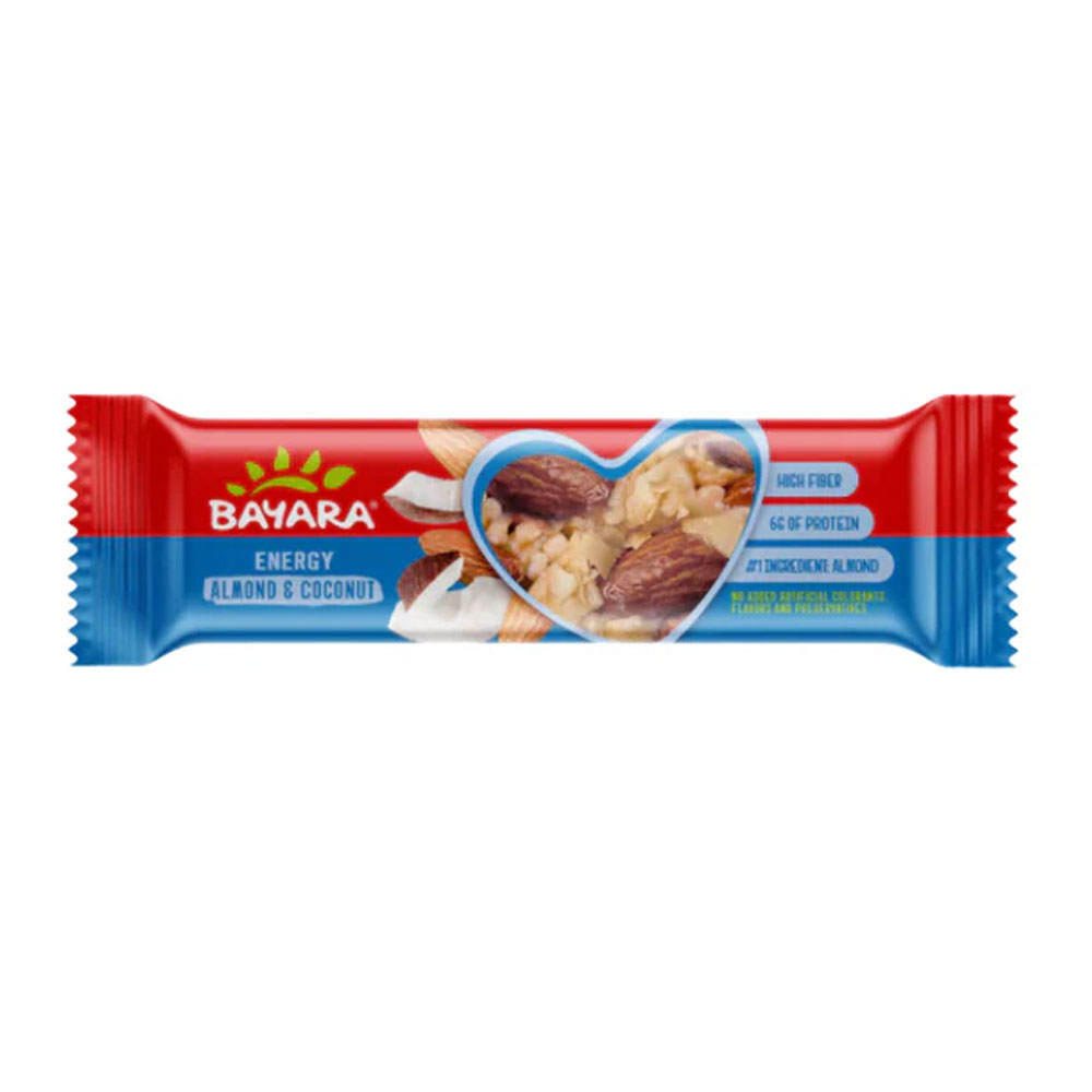 Energy Bars Almond & Coconut 40g A 40g Bayara Energy Bar wrapper featuring blue and red colors with a heart-shaped window showing almonds and coconut.