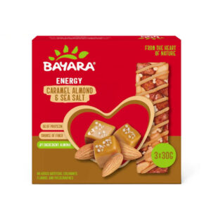 A red box of Bayara Energy Bars showing Caramel Almond & Sea Salt flavor with three 30g bars inside.