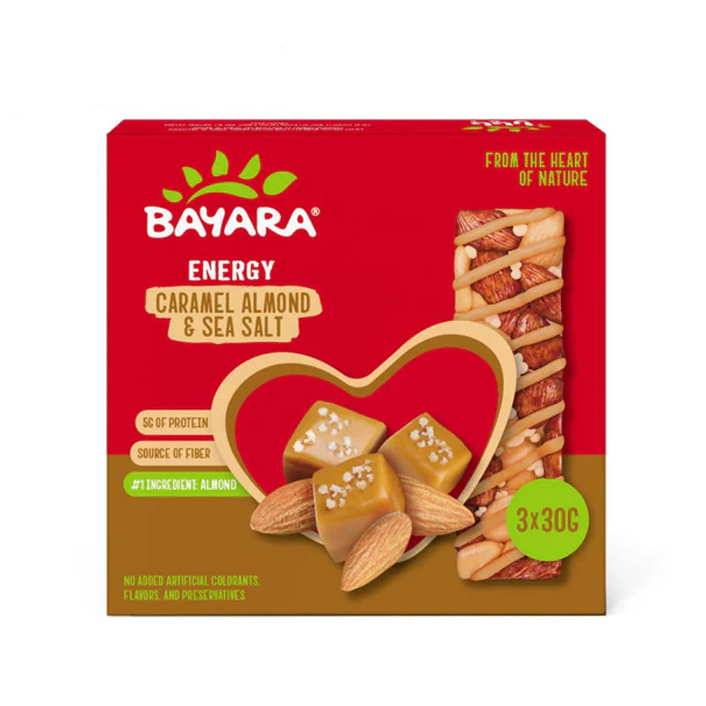 Energy Bars Caramel Almond & Sea Salt 30g x 3jpg A red box of Bayara Energy Bars showing Caramel Almond & Sea Salt flavor with three 30g bars inside.