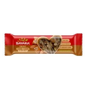 A 40g wrapper of Bayara Caramel Almond & Sea Salt Energy Bar showing a heart-shaped window with crunchy nuts and caramel.