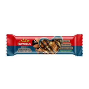 A 40g single-serve Bayara Energy Bar wrapper showing whole almonds and dark chocolate drizzled with sea salt.