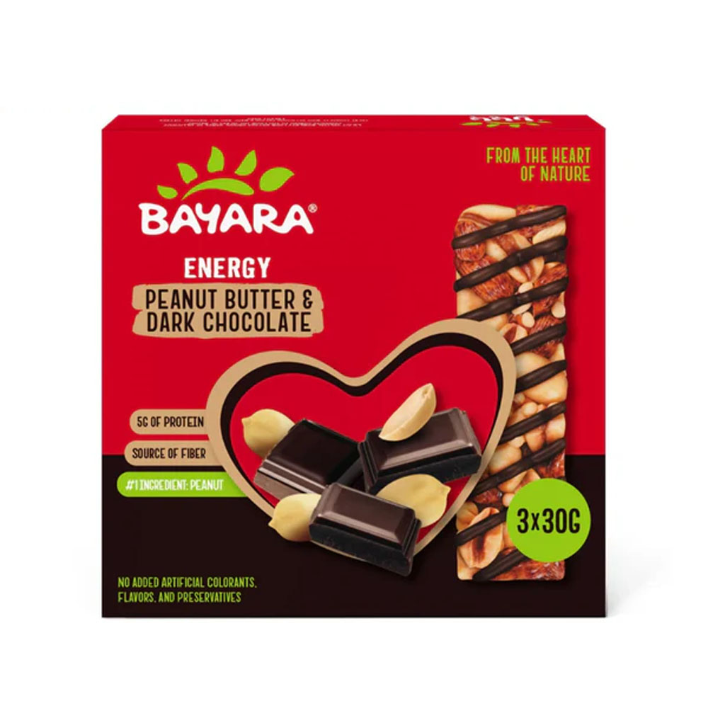 Energy Bars Peanut Butter & Dark Chocolate x 3 A red box of Bayara Peanut Butter & Dark Chocolate Energy Bars featuring a heart-shaped window and a picture of chocolate squares and peanuts.
