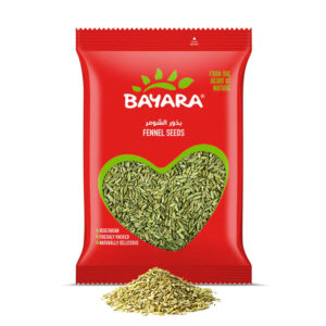A 200g red bag of Bayara Fennel Seeds with a heart-shaped window showing clean, green whole seeds.