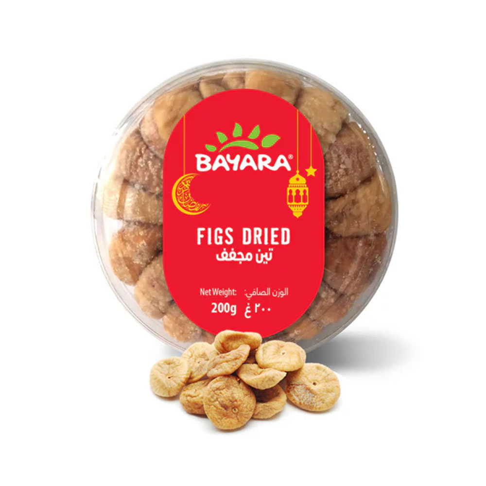 Figs Turkey 200g A clear 200g round tub of Bayara Turkish Dried Figs with a red label and a crescent moon design.