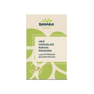 A 100g cream and green box of Bayara World Milk Chocolate Kunafa Pistachio featuring a premium taste seal.