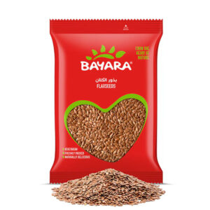 A red 400g pouch of Bayara Flaxseeds with a heart-shaped window showing brown whole seeds.