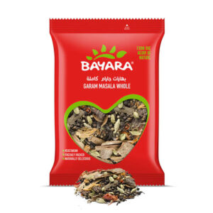 A 100g red bag of Bayara Garam Masala Whole featuring a heart-shaped window showing a mix of whole cloves, cardamom, and cinnamon.