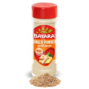 A 100ml clear jar of Bayara Ginger Powder with a red lid and a heart-shaped label showing fresh ginger root.