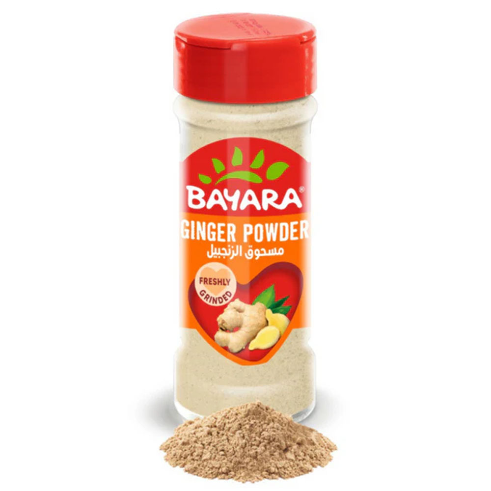 Ginger Powder 100ml (25g) A 100ml clear jar of Bayara Ginger Powder with a red lid and a heart-shaped label showing fresh ginger root.