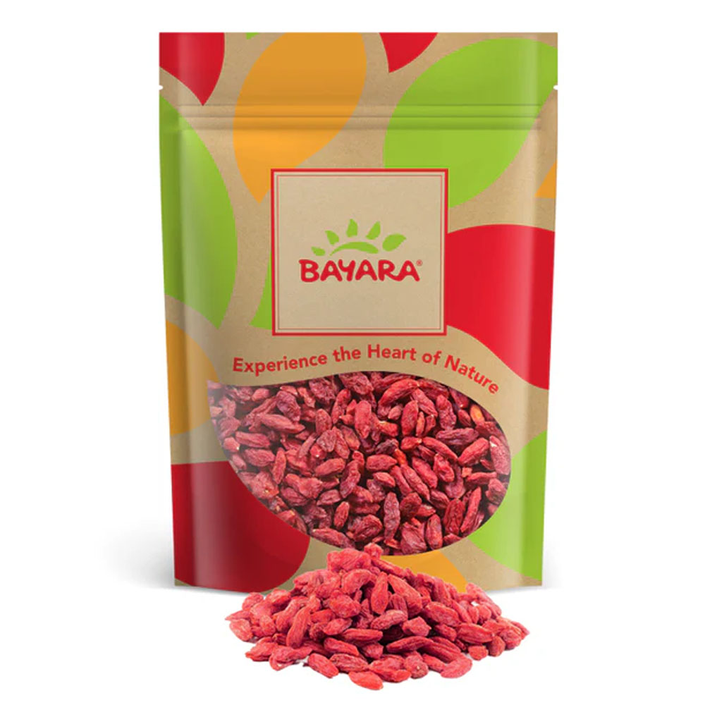 Goji Berries 250g A colorful 250g resealable bag of Bayara Goji Berries with a window showing bright red dried berries.